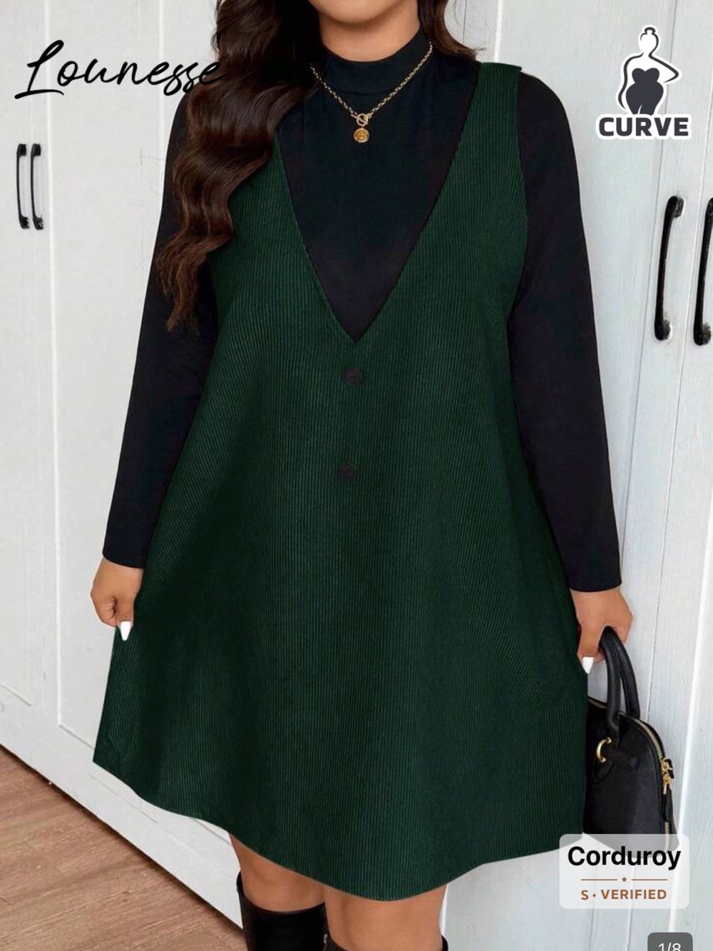 Dark Green Corduroy V-Neck Sleeveless Dress with Long Sleeve Top - 2 piece set
